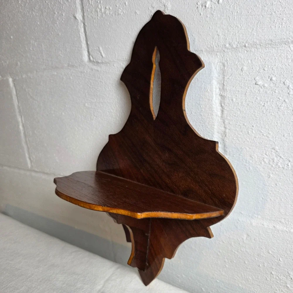 Vintage Dark Walnut Wood Rustic Wall Corbel Shelf Scalloped Scrollwork